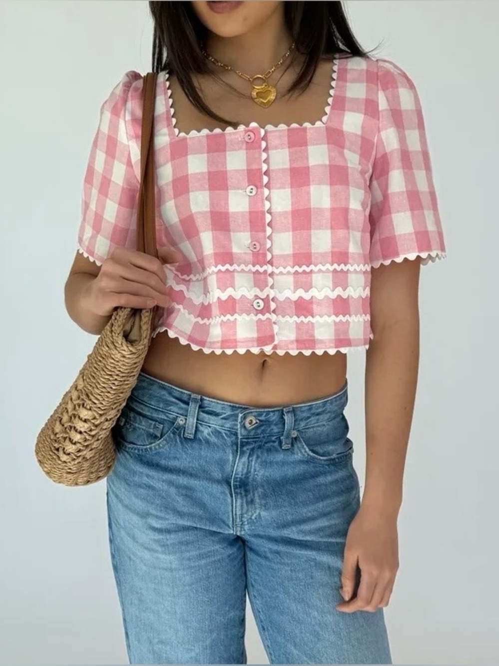 AUREUM Pink and White Gingham Button-Front Top